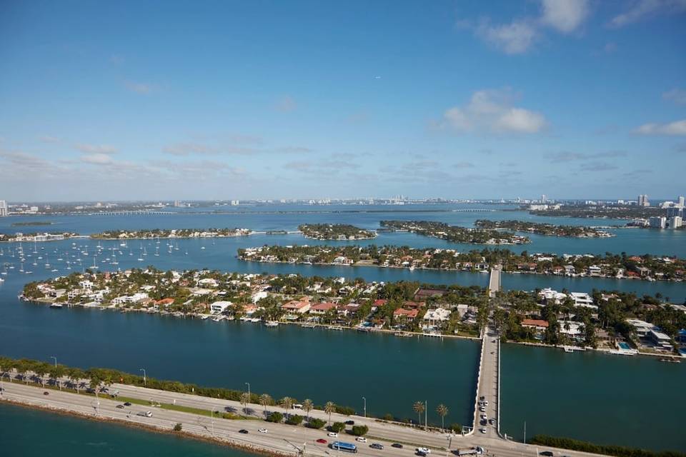 Aerial view of islands and a causeway in Miami